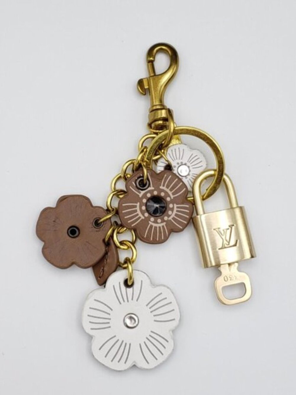 Louis Vuitton Gold Padlock Key 🔒 Authentic LV Charm + Unbranded Flower Keychain - Picture 9 of 9